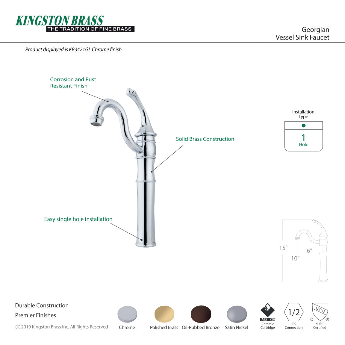 Kingston Heirloom KB3422GL - Georgian Single-Handle 1-Hole Deck Mount Vessel Faucet, Polished Brass — thumbnail 2